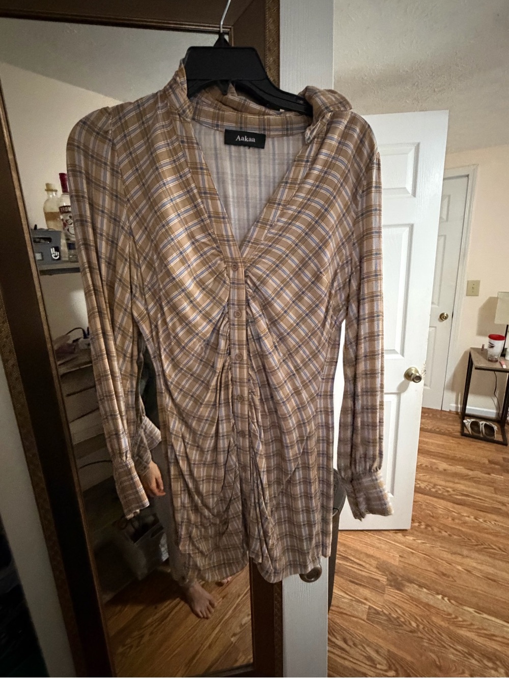 Aakaa Tan Plaid Ruched Button-Front Mini Dress